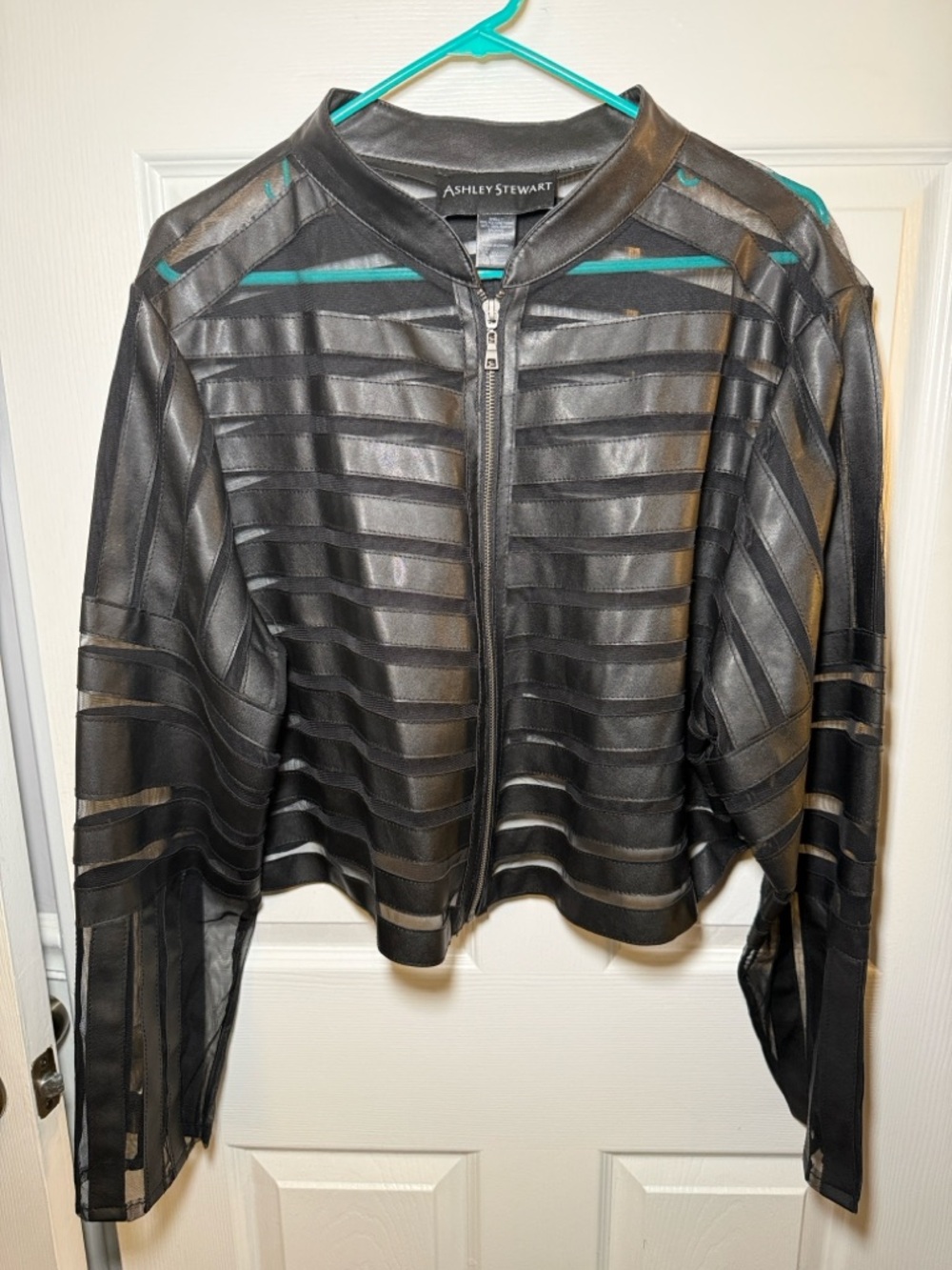 Ashley Stewart Black Sheer Stripe Bomber Jacket